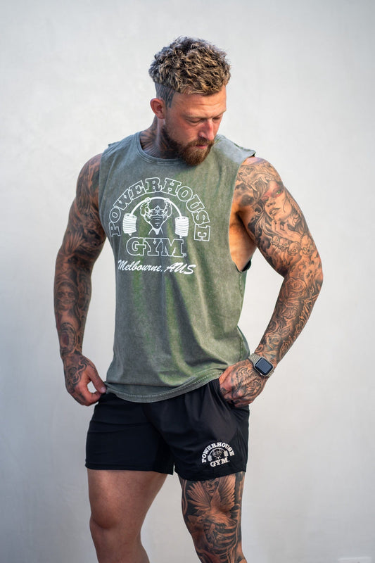 Powerhouse Gym Pro Shop Faded Tank-Khaki