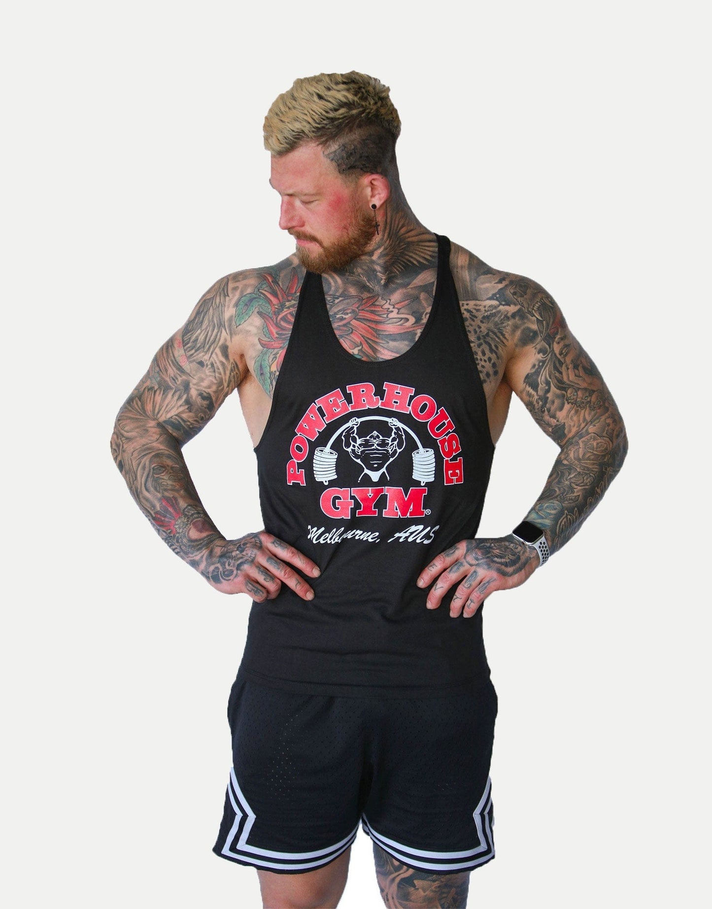 Powerhouse Gym Pro Shop T-Back Tank - Black/ Red White Outline